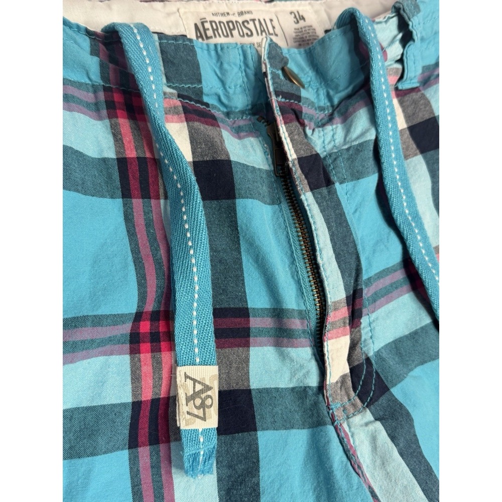 Aeropostale Plaid Shorts Mens Size 34 Blue Pink Cotton Drawstring Casual